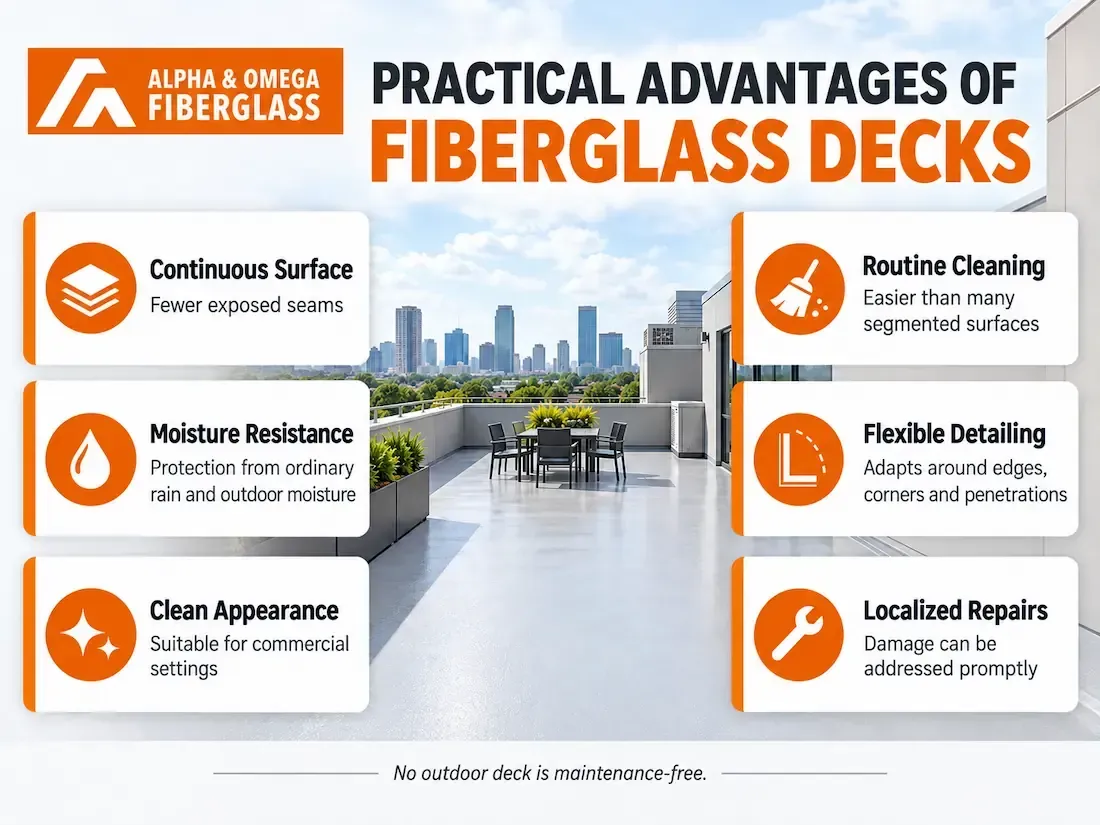 Five-step fiberglass deck installation process from site evaluation and surface preparation through installation and final review. 
