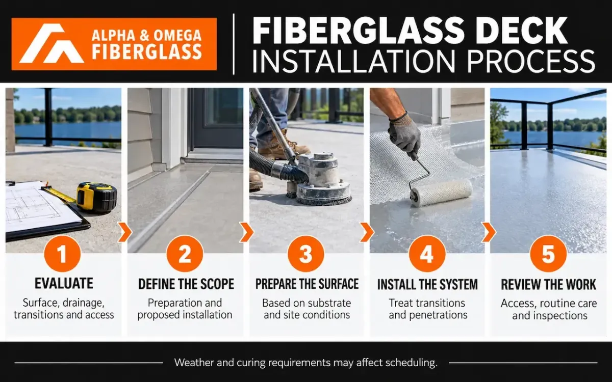 Fiberglass deck advantages including seamless coverage, moisture resistance, easier cleaning, flexible detailing, and localized repairs. penetrations, work access, and areas below the deck. 