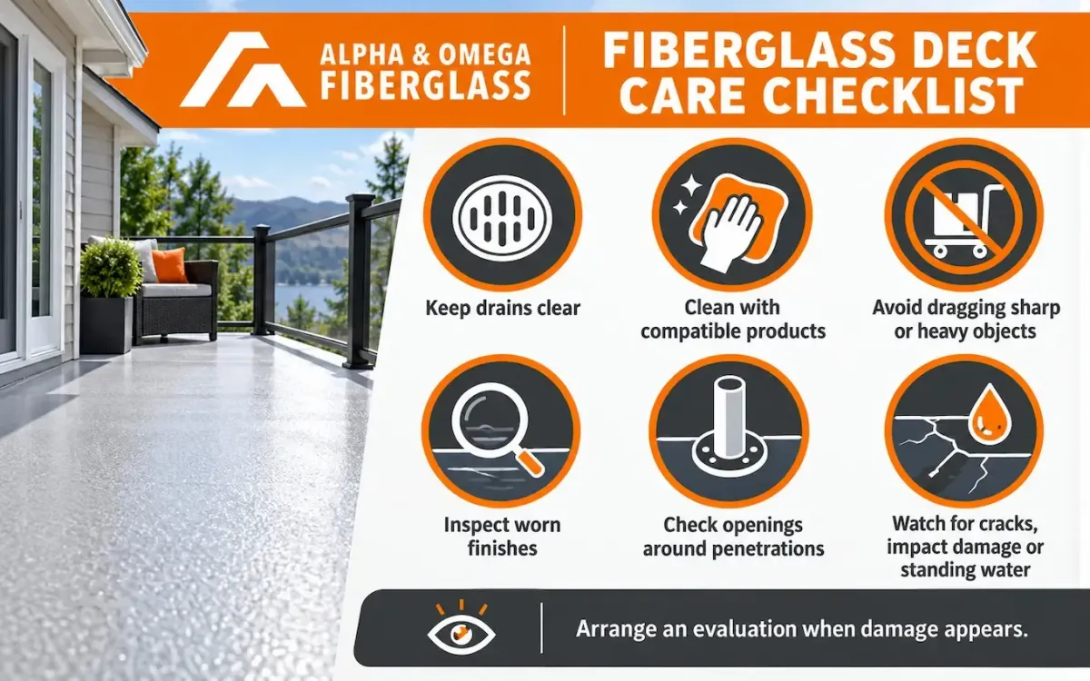 Fiberglass deck maintenance checklist covering clear drains, compatible cleaning, surface protection, penetrations, cracks, and standing water. 