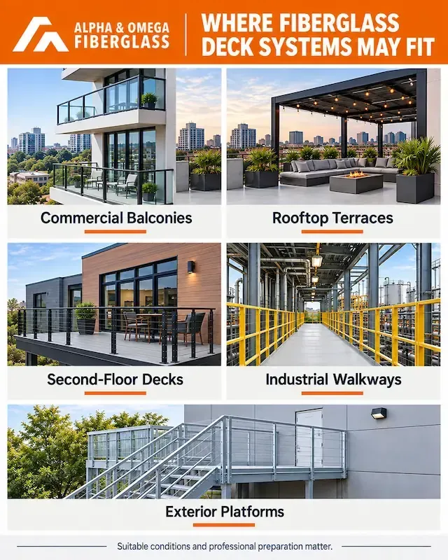 Commercial fiberglass deck applications for balconies, rooftop terraces, second-floor decks, industrial walkways, and exterior platforms. 