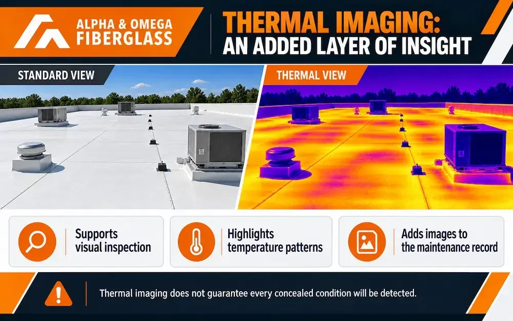 Standard and thermal views of a commercial fiberglass roof showing how thermal imaging supports scheduled inspections.