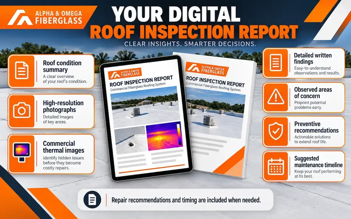 Digital fiberglass roof inspection report showing roof photos, thermal images, written findings, observed concerns, recommendations, and a maintenance timeline.
