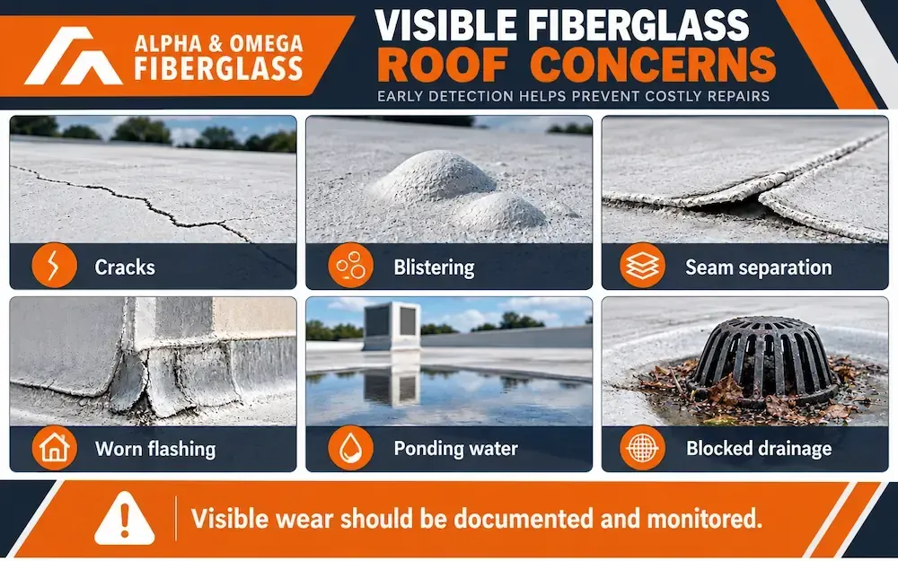Visible fiberglass roof concerns including cracks, blistering, seam separation, worn flashing, ponding water, and blocked drainage.