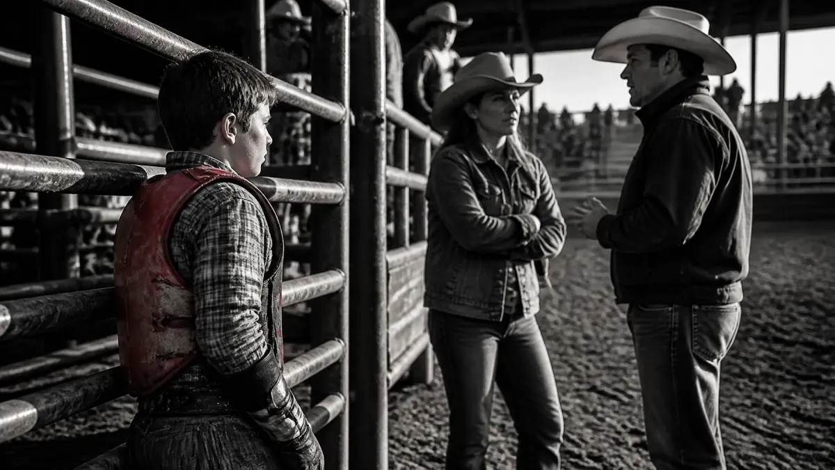 Young rodeo athlete standing beside an arena fence with a parent and coach discussing long-term development.