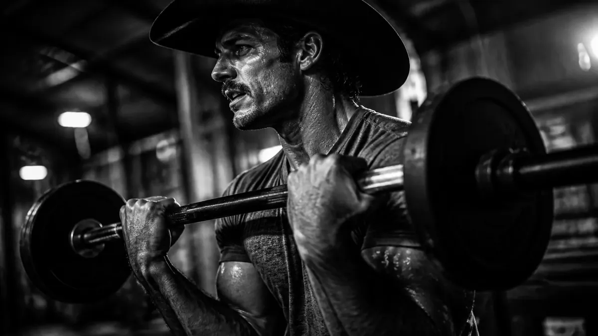 Rodeo athlete training with a barbell in a gritty gym, black and white photo showing high-contrast lighting and movement