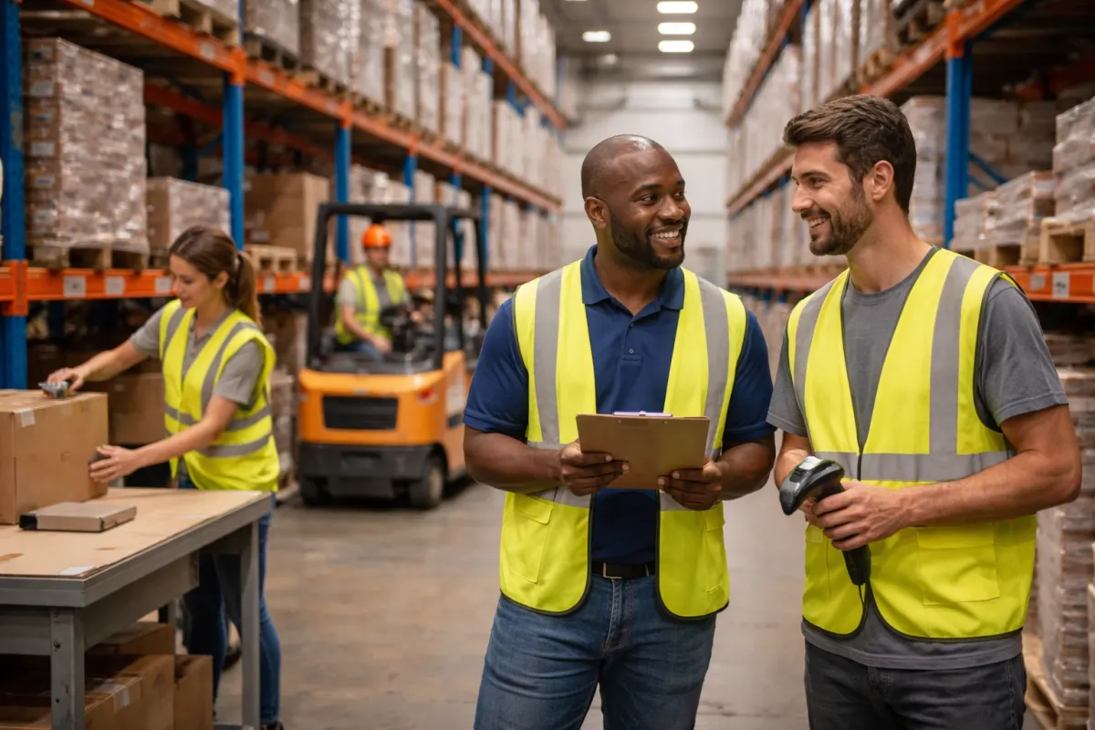 Warehouse workers in safety vests efficiently handling packages, with a forklift and organized shelves in the background.