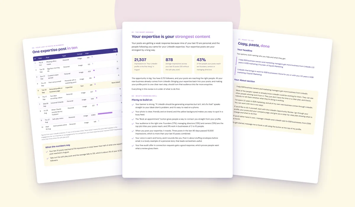 Fanned-out high-resolution preview of the LinkedIn Opportunity Report deliverable showing bespoke audits and action roadmap