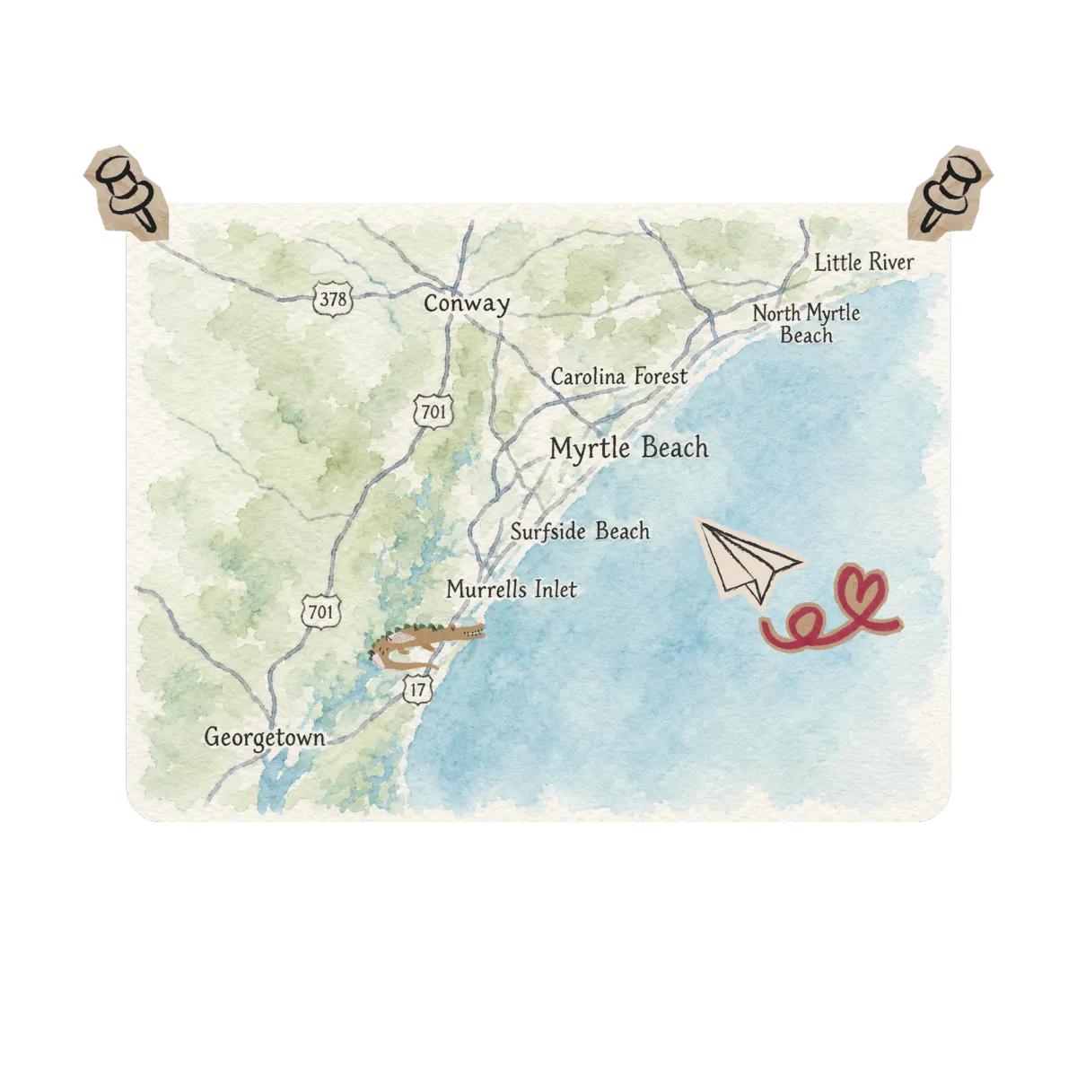 Map of Grand Strand, Myrtle Beach, Murrells Inlet, Conway, North Myrtle Beach, Little River, South Carolina