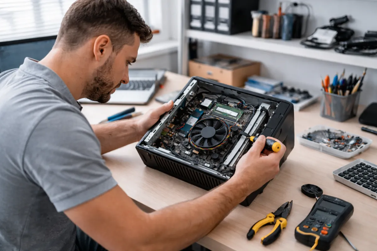 a person holding a laptop with a fan in their hand