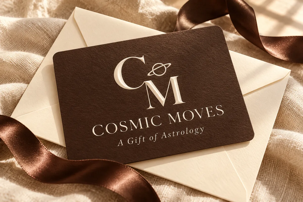 Cosmic Moves gift card on a cream envelope