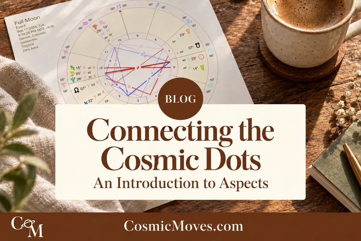 Connecting the Cosmic Dots: An Introduction to Aspects. Moon chart and coffee on a farmhouse table, with CosmicMoves.com branding.
