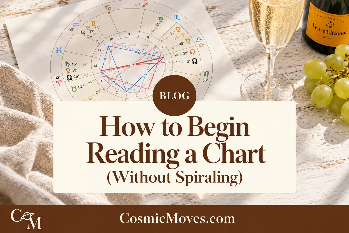 How to Begin Reading a Chart (Without Spiraling). Astrology chart on a white farmhouse table with champagne and grapes, framed by Cosmic Moves branding.