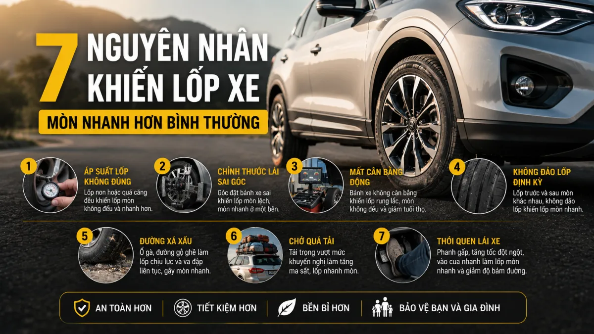 7 nguyên nhân khiến lốp xe ô tô mòn nhanh hơn bình thường gồm áp suất lốp sai, chỉnh thước lái sai, mất cân bằng động, không đảo lốp định kỳ, đường xấu, chở quá tải và thói quen lái xe.