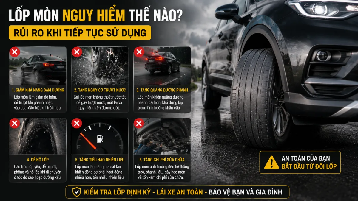 cảnh báo lốp xe ô tô mòn với các rủi ro như giảm độ bám đường, trượt nước, quãng đường phanh dài hơn và tăng nguy cơ nổ lốp khi tiếp tục sử dụng.