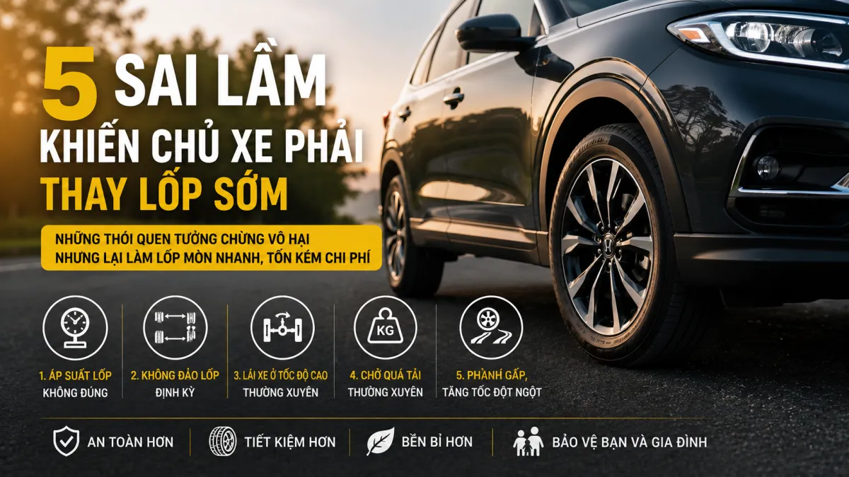 5 sai lầm khiến chủ xe phải thay lốp sớm gồm áp suất lốp không đúng, không đảo lốp định kỳ, lái xe tốc độ cao, chở quá tải và phanh gấp làm lốp mòn nhanh.