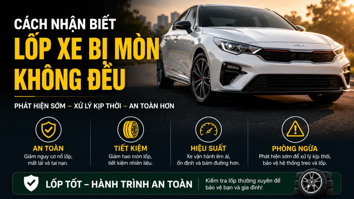 Lốp xe ô tô bị mòn không đều ở mép trong, giữa và mép ngoài