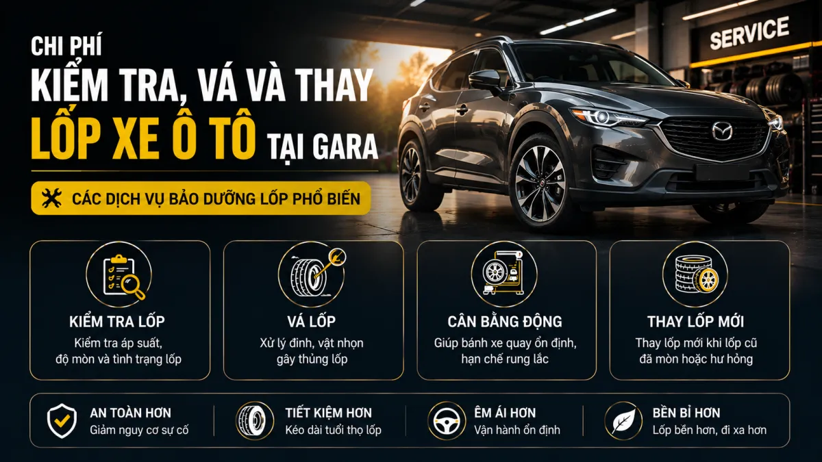 Chi phí kiểm tra, vá và thay lốp xe ô tô tại gara với các dịch vụ bảo dưỡng lốp phổ biến