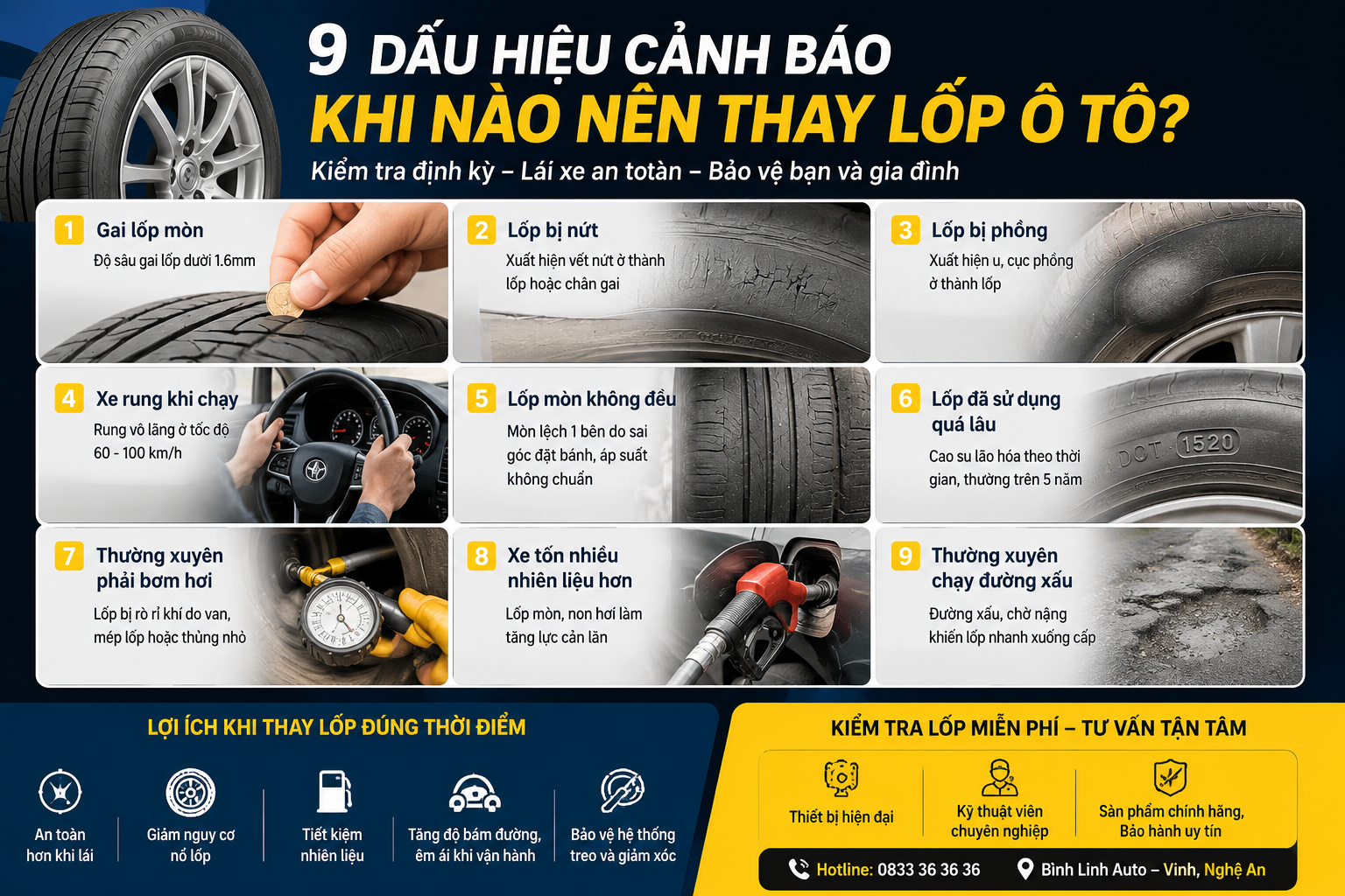 9 dấu hiệu nhận biết khi nào nên thay lốp ô tô để đảm bảo an toàn