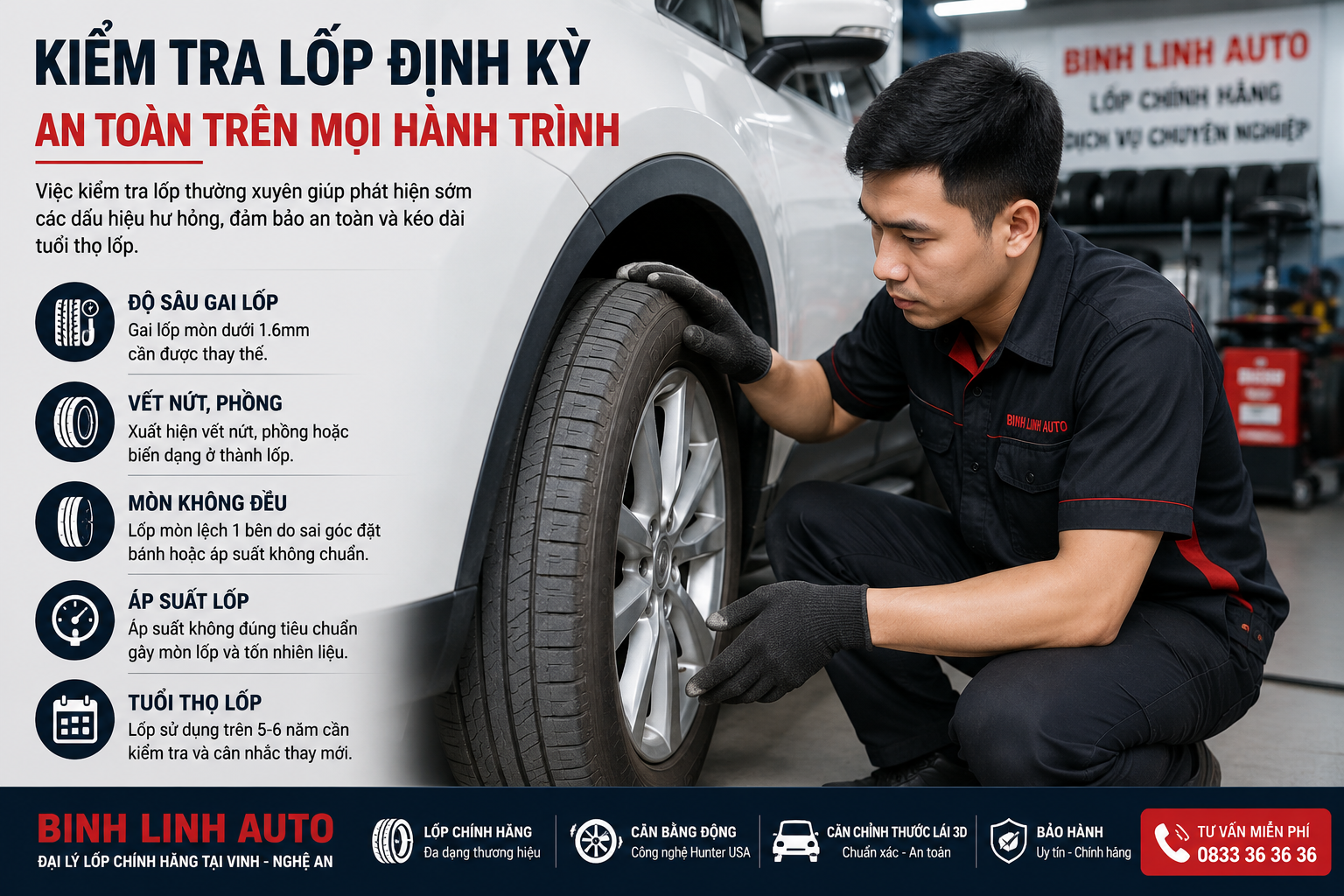 Kỹ thuật viên kiểm tra lốp xe ô tô tại gara