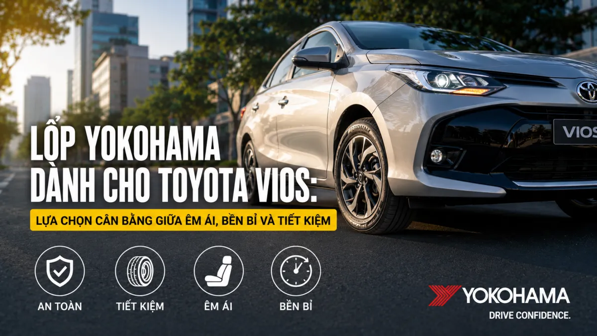 Lốp Yokohama dành cho Toyota Vios tại Bình Linh Auto TP Vinh giúp xe vận hành êm ái, bám đường tốt và tăng tuổi thọ lốp.