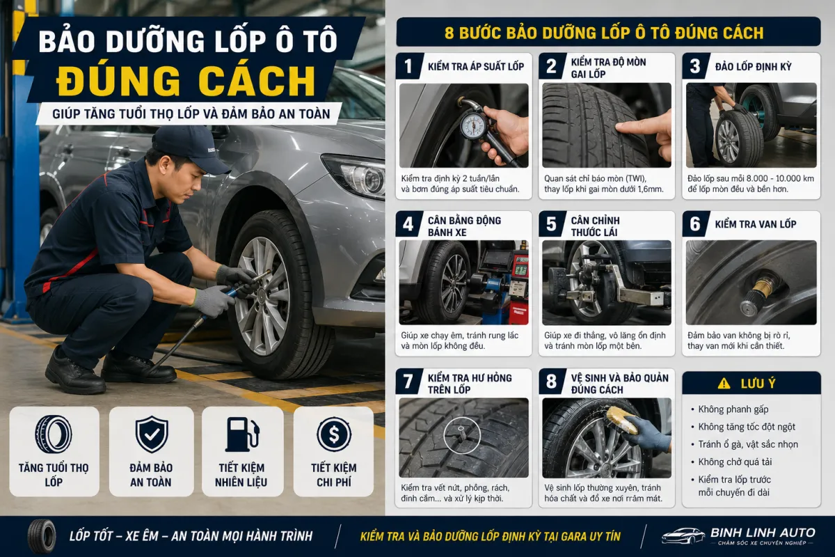 Bảo dưỡng lốp ô tô đúng cách giúp tăng tuổi thọ lốp và đảm bảo an toàn khi vận hành