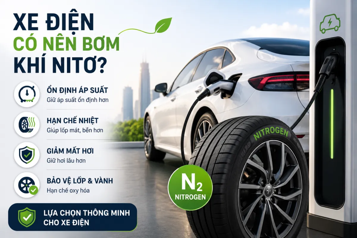 Xe điện có nên bơm khí Nitơ không? Lợi ích của khí Nitơ giúp ổn định áp suất lốp và hỗ trợ kéo dài tuổi thọ lốp xe điện.