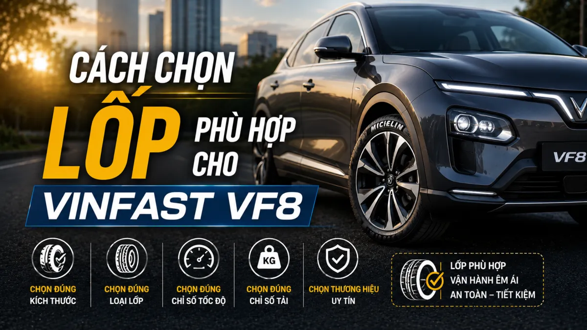 VinFast VF8 nên thay lốp nào? Tìm hiểu kích thước lốp, tiêu chí lựa chọn và các dòng lốp phù hợp giúp VF8 vận hành êm ái, bám đường tốt và tối ưu hiệu suất.