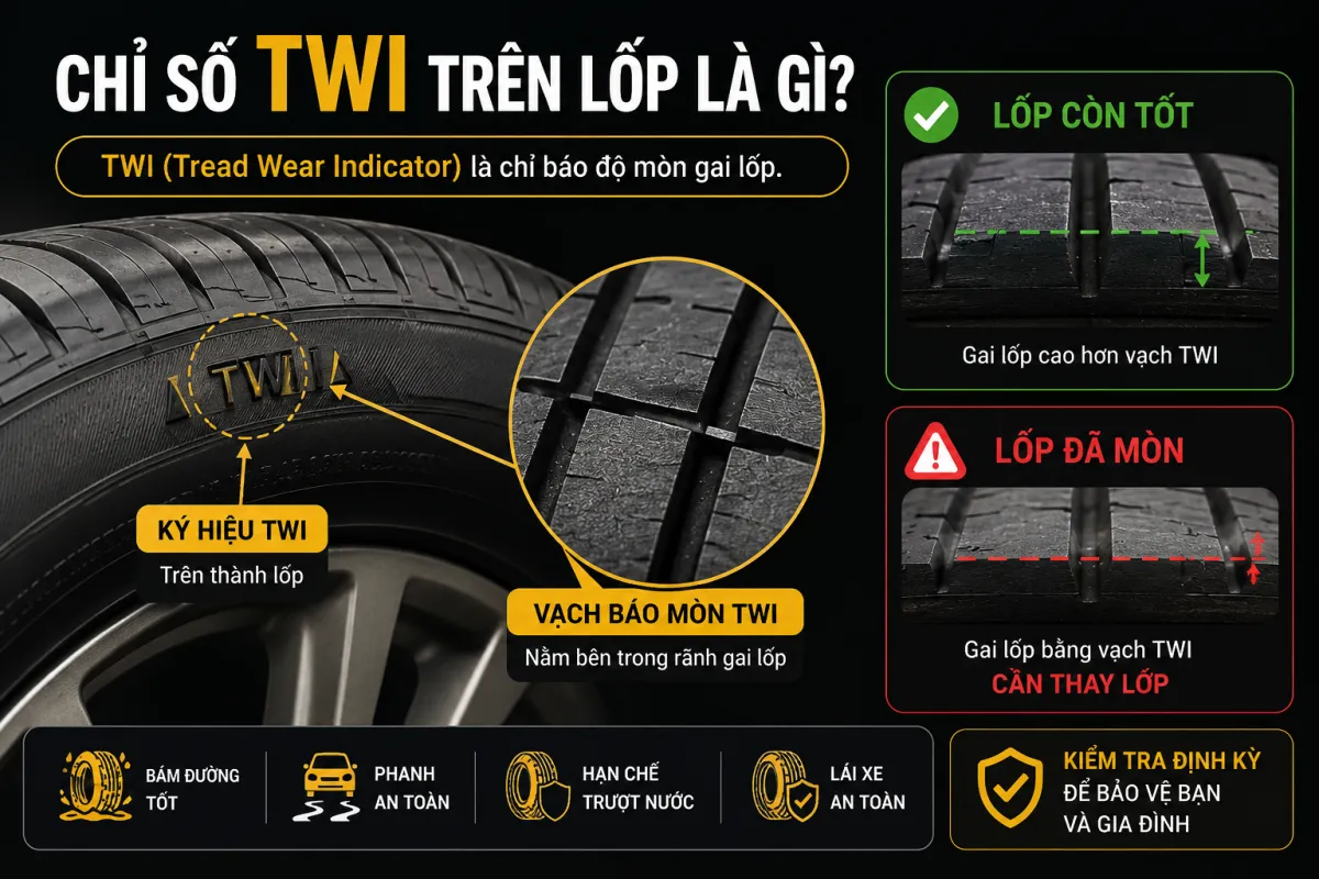Chỉ số TWI trên lốp là gì? Hướng dẫn nhận biết vạch báo mòn và thời điểm cần thay lốp ô tô.