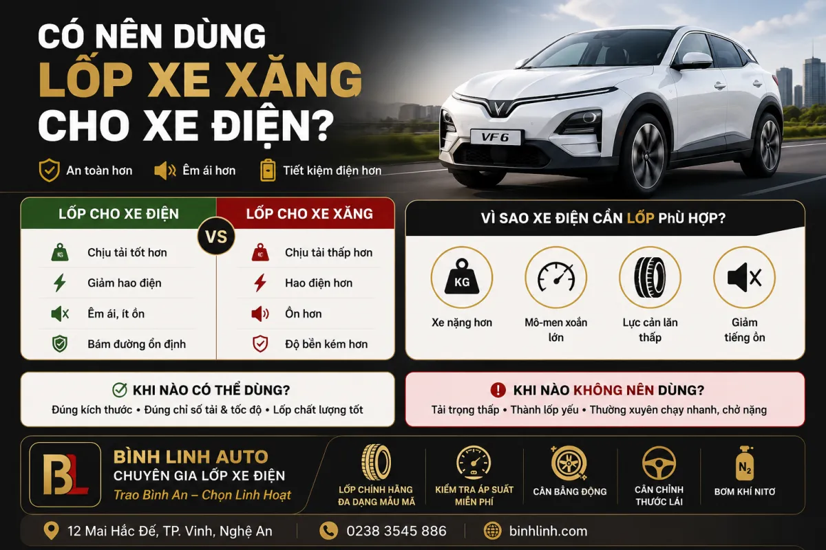 Có nên dùng lốp xe xăng cho xe điện không? So sánh lốp xe điện và lốp xe xăng, cách chọn lốp phù hợp cho VinFast.