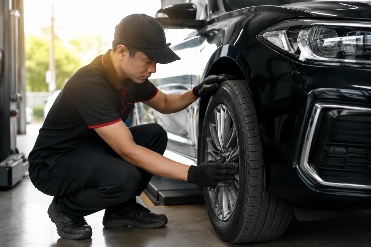 Kỹ thuật viên Bình Linh Auto kiểm tra lốp định kỳ cho xe ô tô trước chuyến đi giúp phát hiện sớm hư hỏng và tiết kiệm chi phí.