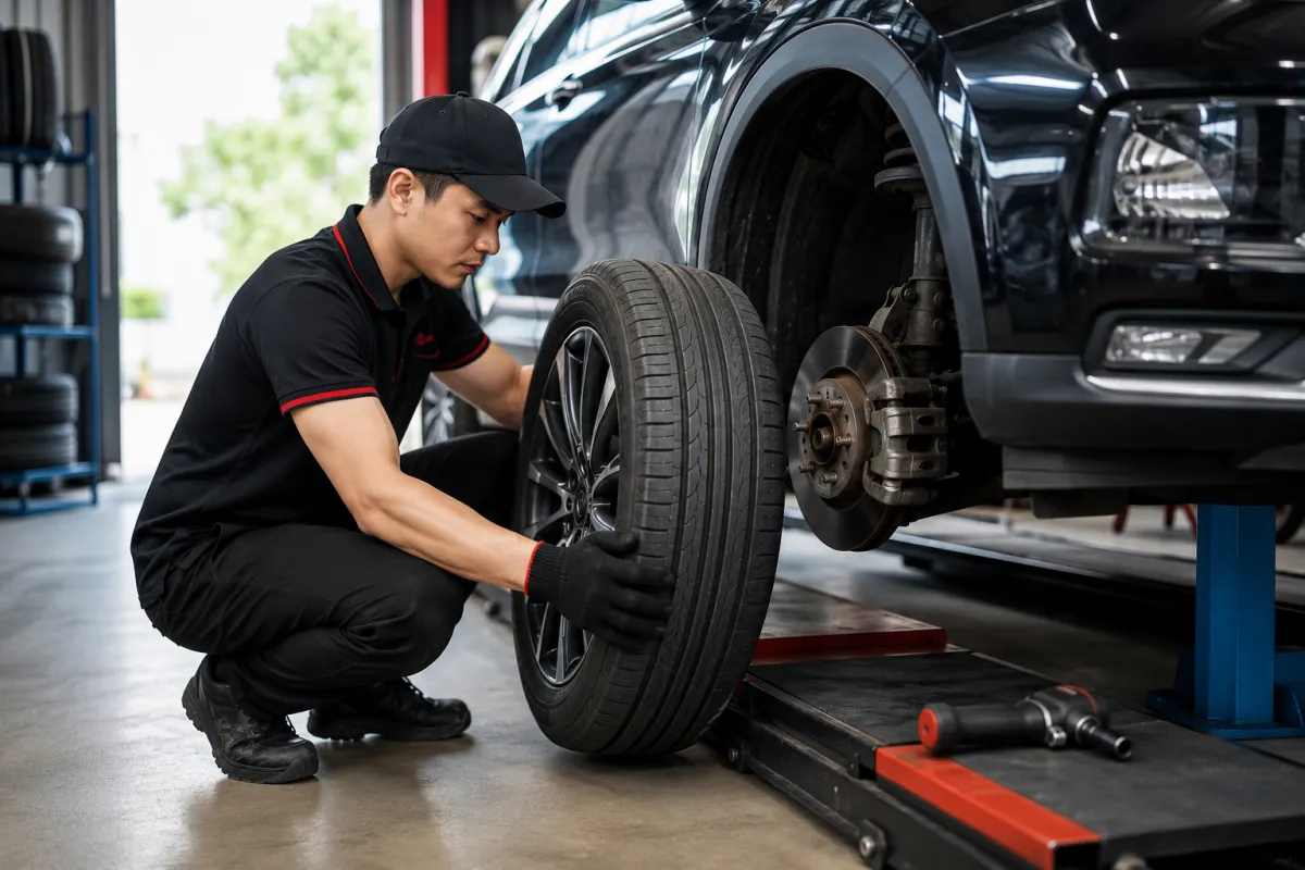 Kỹ thuật viên Bình Linh Auto thay lốp ô tô chính hãng tại TP. Vinh, kiểm tra an toàn trước khi bàn giao xe cho khách hàng.