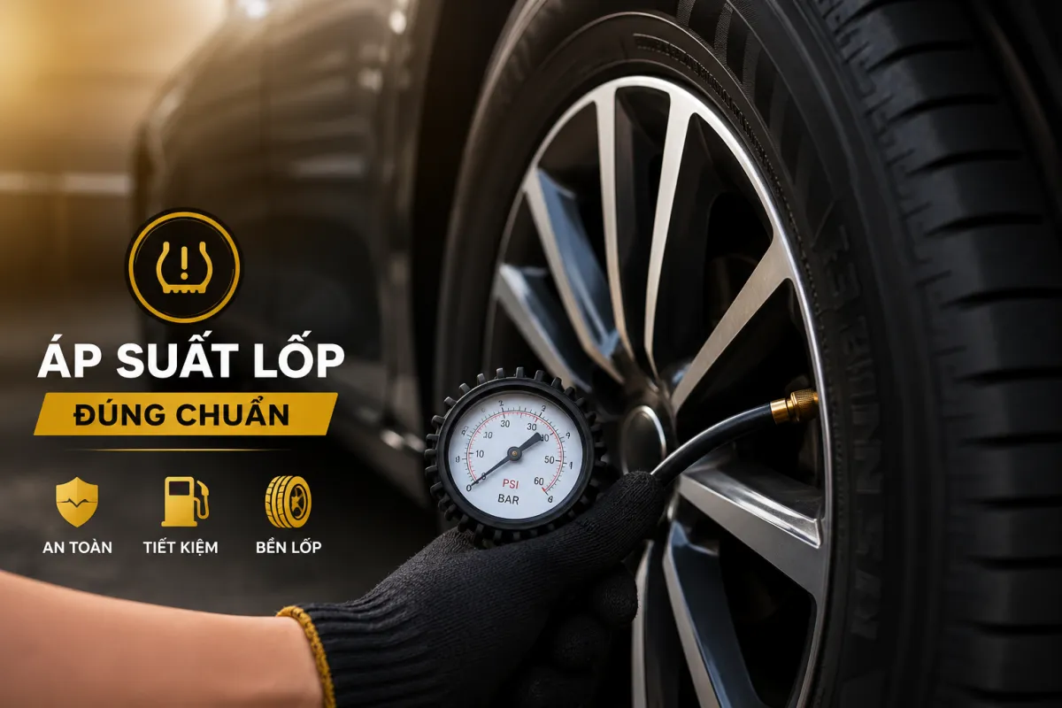Kỹ thuật viên Bình Linh Auto kiểm tra áp suất lốp ô tô bằng đồng hồ đo PSI để đảm bảo xe vận hành an toàn và tiết kiệm nhiên liệu