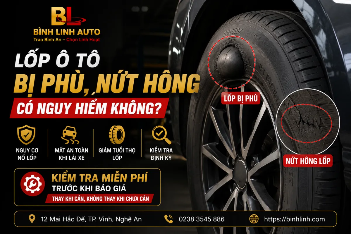 Lốp ô tô bị phù và nứt hông – dấu hiệu cần kiểm tra để đảm bảo an toàn khi lái xe tại Bình Linh Auto TP. Vinh.