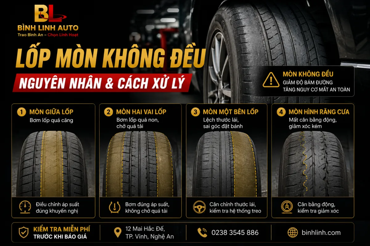 Lốp ô tô mòn không đều với các dạng mòn giữa, mòn hai vai, mòn một bên và mòn răng cưa. Hướng dẫn nhận biết nguyên nhân và cách xử lý tại Bình Linh Auto TP. Vinh.