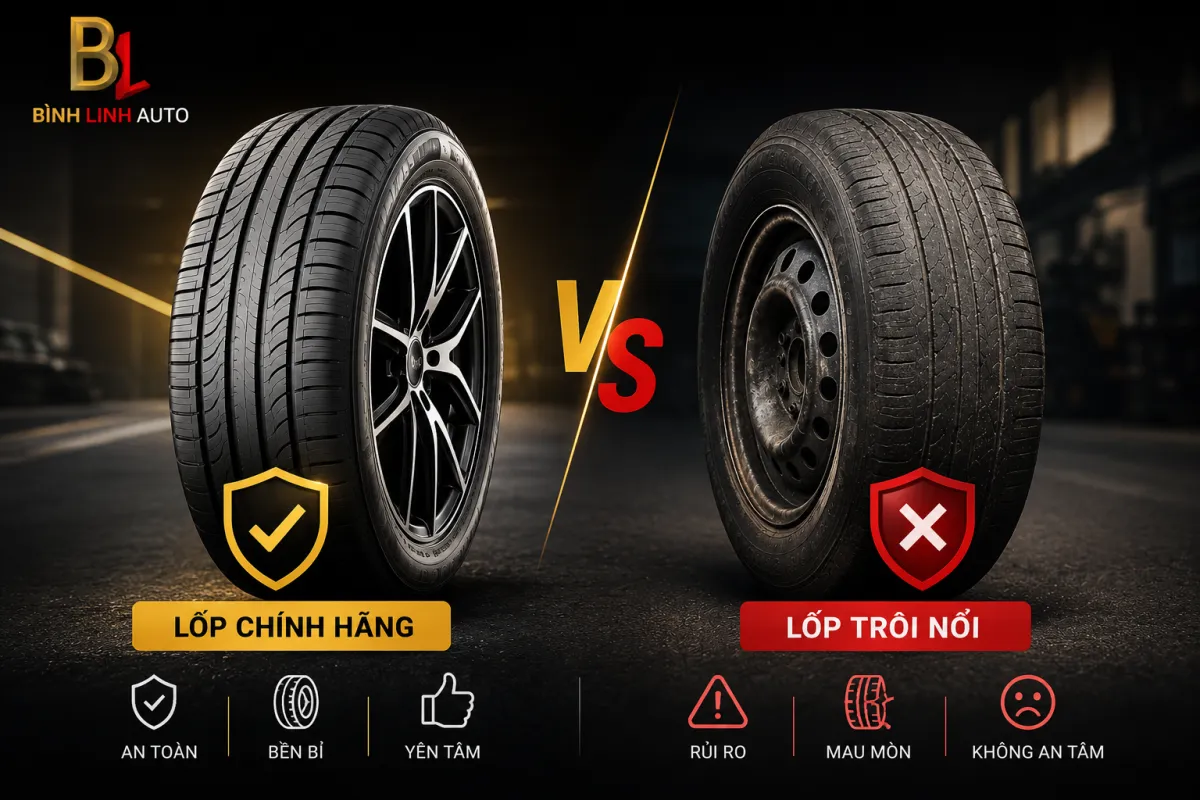 So sánh lốp chính hãng và lốp trôi nổi, giúp chủ xe nhận biết sự khác biệt về chất lượng, độ bền và an toàn tại Bình Linh Auto TP. Vinh, Nghệ An.