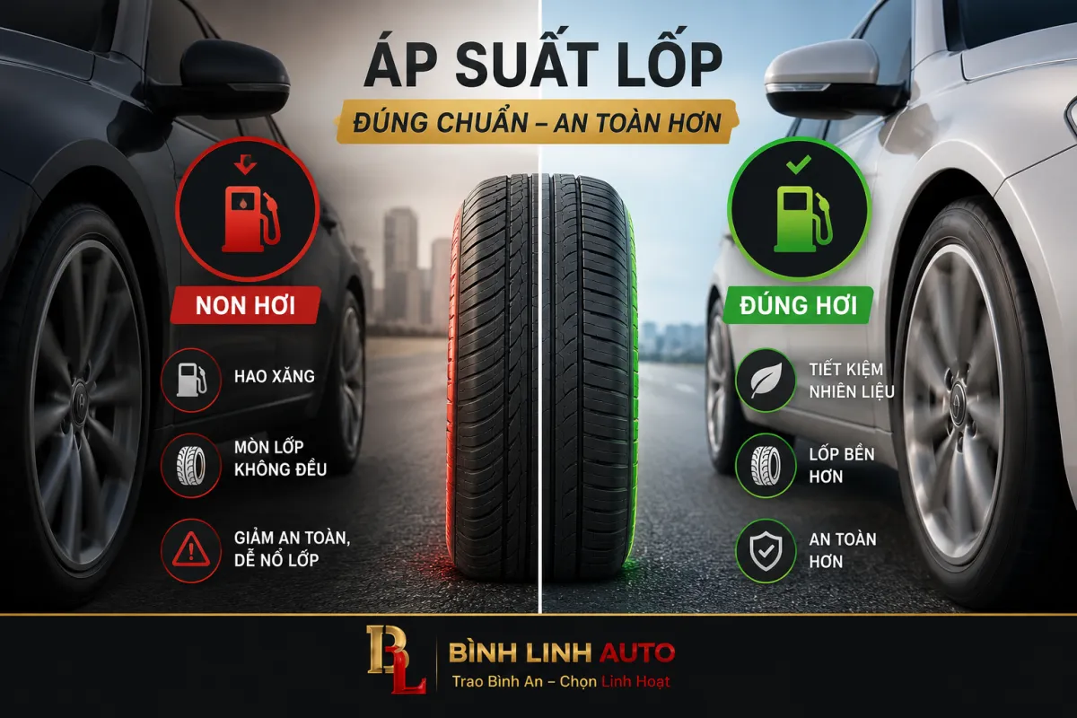Lốp non hơi làm tăng tiêu hao nhiên liệu, giảm độ bám đường và ảnh hưởng đến an toàn khi lái xe.
