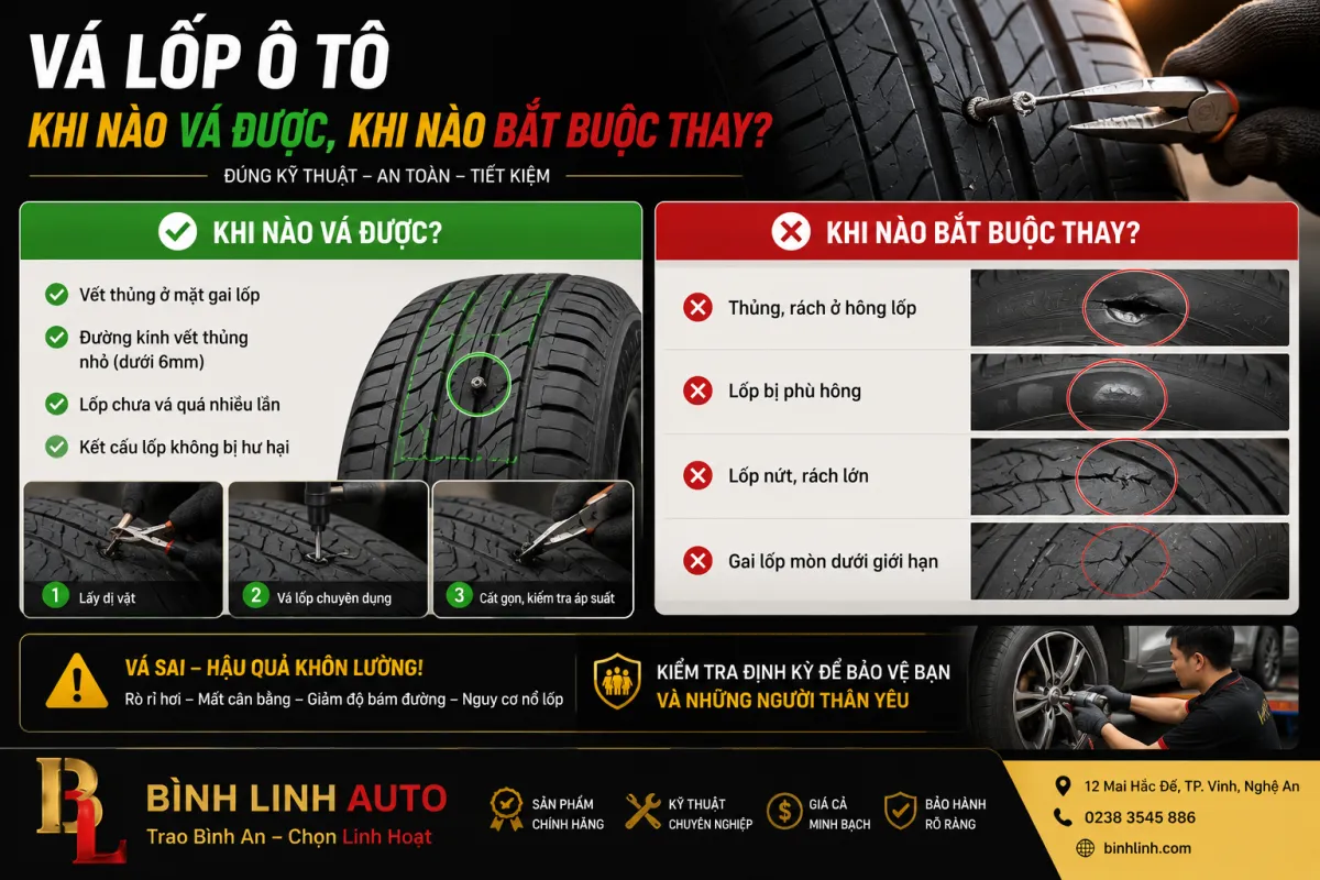 Kỹ thuật viên Bình Linh Auto kiểm tra lốp ô tô bị thủng để xác định có thể vá hay cần thay mới.