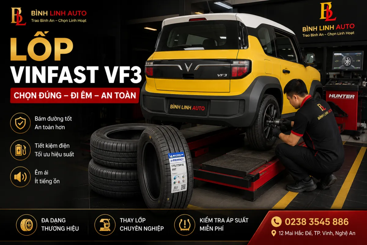 Lốp VinFast VF3 chính hãng được lắp đặt tại Bình Linh Auto, giúp xe vận hành an toàn, êm ái và tiết kiệm điện.