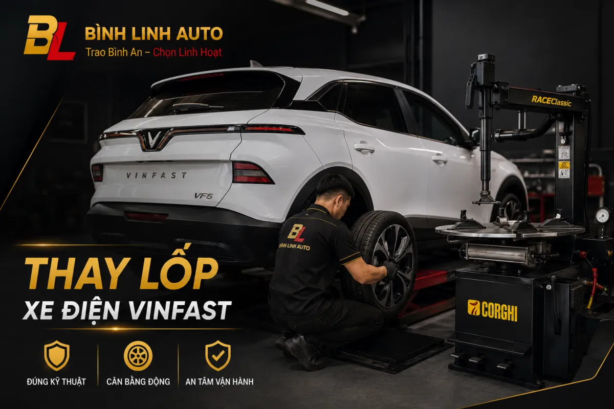 Kỹ thuật viên Bình Linh Auto thay lốp xe điện VinFast tại TP. Vinh bằng thiết bị chuyên dụng, đảm bảo đúng kỹ thuật và an toàn.