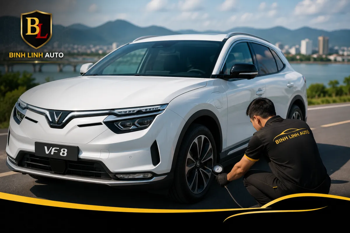 Xe điện VinFast được kiểm tra lốp tại Bình Linh Auto ở TP. Vinh, Nghệ An, bao gồm kiểm tra áp suất, độ mòn và tình trạng lốp.