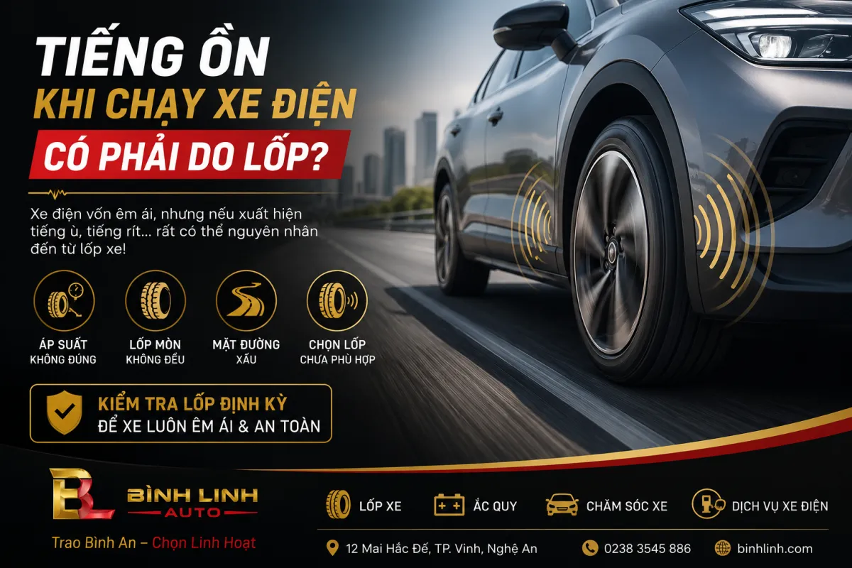 Kỹ thuật viên Bình Linh Auto kiểm tra tình trạng lốp xe điện để xác định nguyên nhân gây tiếng ồn khi vận hành tại TP. Vinh, Nghệ An.