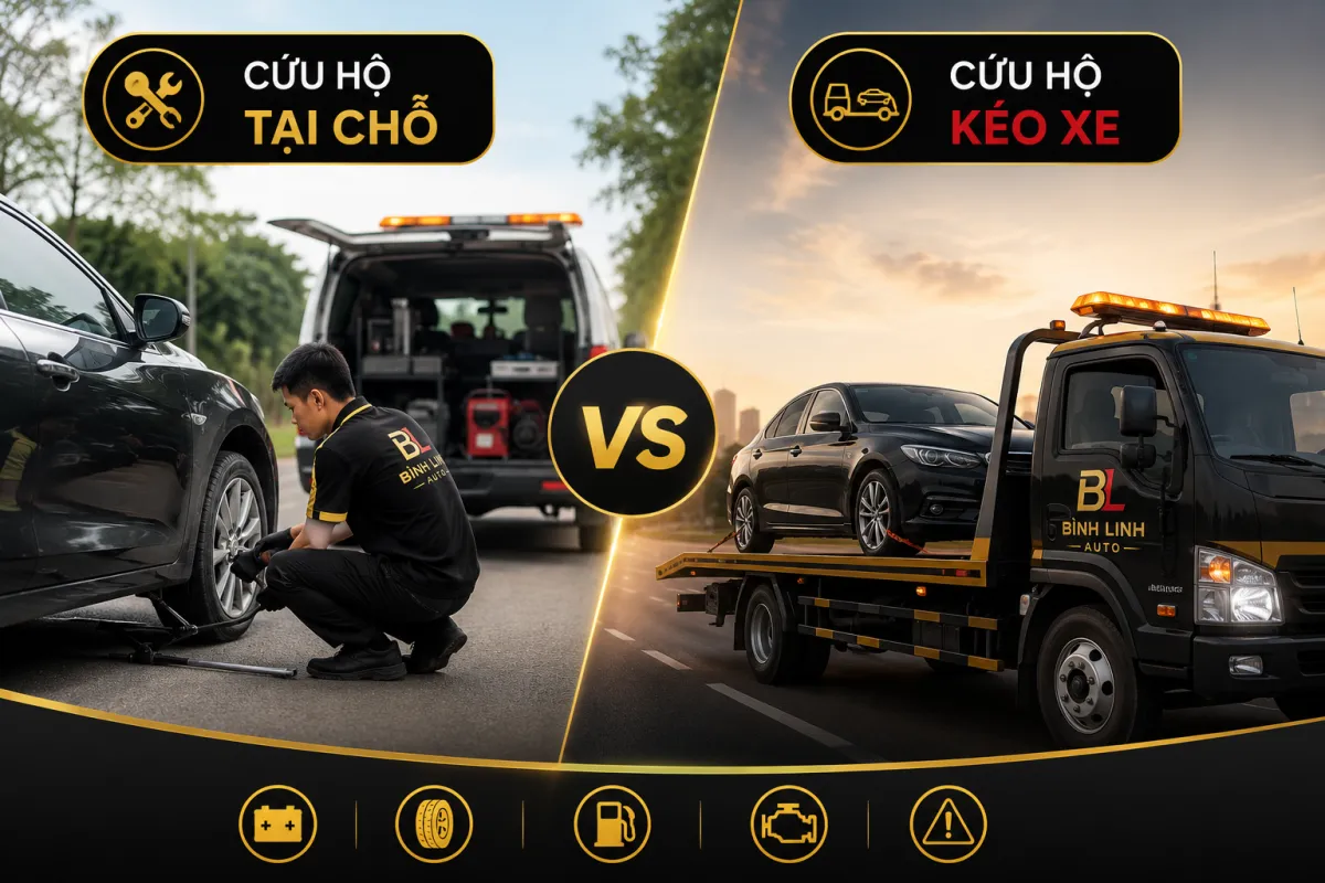 So sánh dịch vụ cứu hộ tại chỗ và cứu hộ kéo xe của Bình Linh Auto giúp chủ xe lựa chọn phương án phù hợp khi ô tô gặp sự cố.