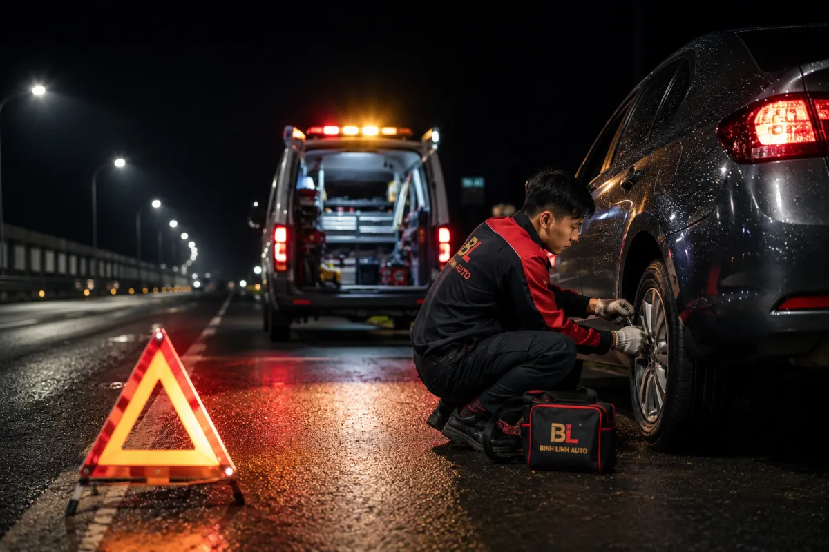 Kỹ thuật viên Bình Linh Auto hỗ trợ cứu hộ ô tô gặp sự cố lúc nửa đêm với đèn cảnh báo và tam giác phản quang đảm bảo an toàn.