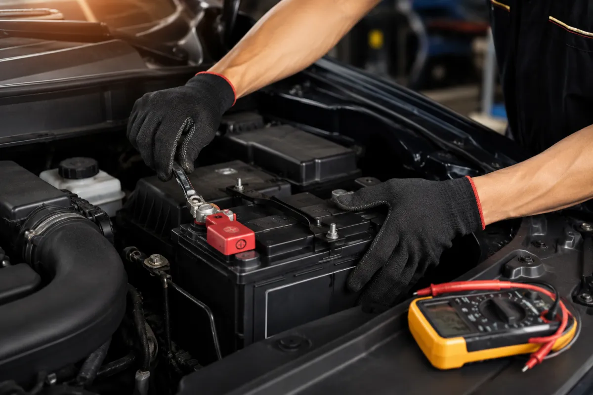 Kỹ thuật viên Bình Linh Auto thay ắc quy ô tô đúng kỹ thuật và kiểm tra hệ thống điện trước khi bàn giao xe.