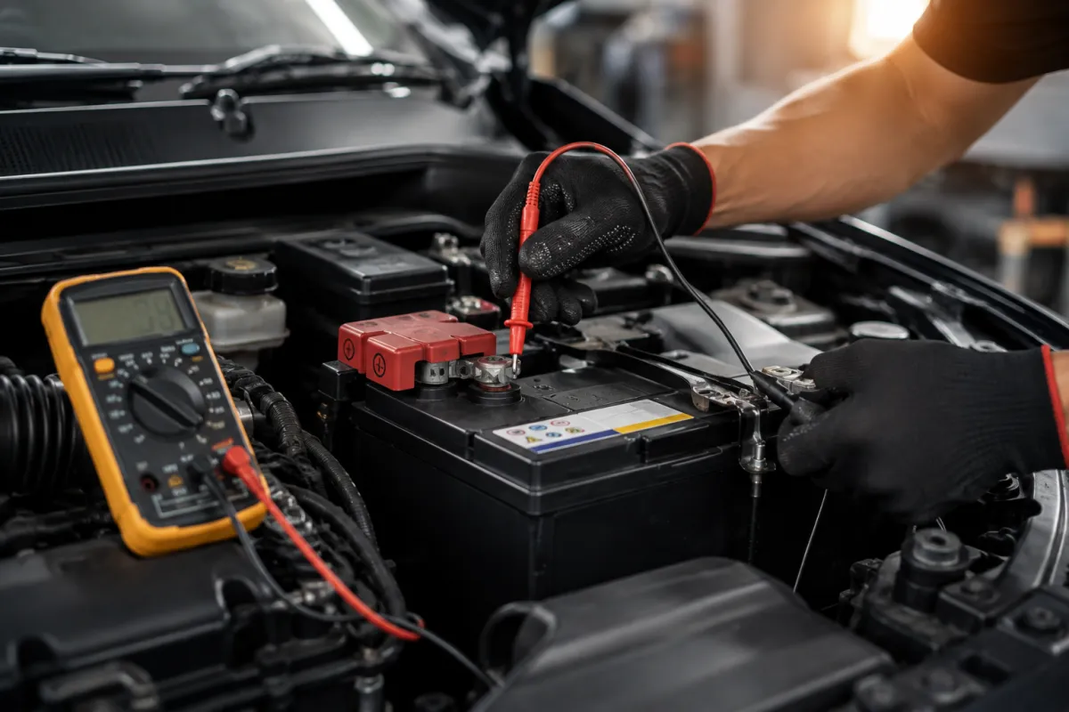 Kỹ thuật viên Bình Linh Auto kiểm tra ắc quy mới và hệ thống sạc ô tô để xác định nguyên nhân ắc quy nhanh hết điện.
