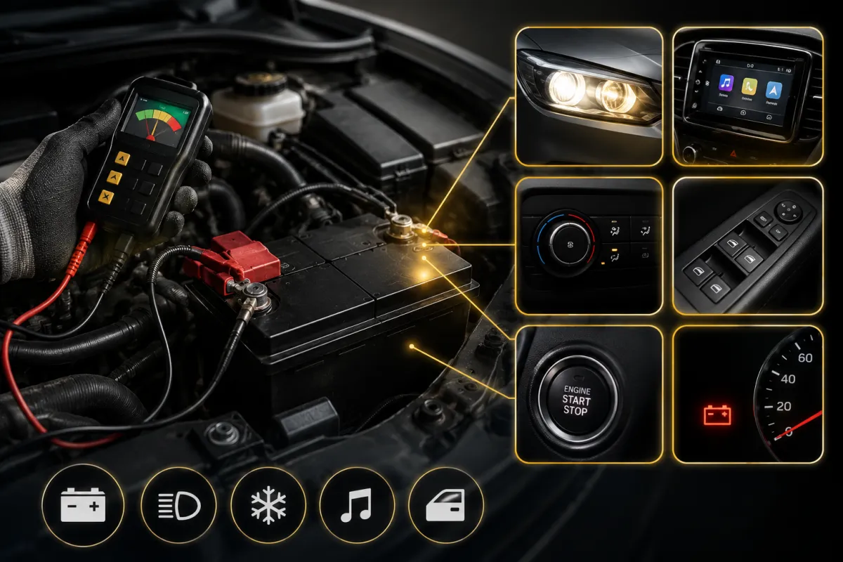 Kỹ thuật viên Bình Linh Auto kiểm tra ắc quy ô tô bằng thiết bị chuyên dụng để đánh giá điện áp và tình trạng hệ thống điện.