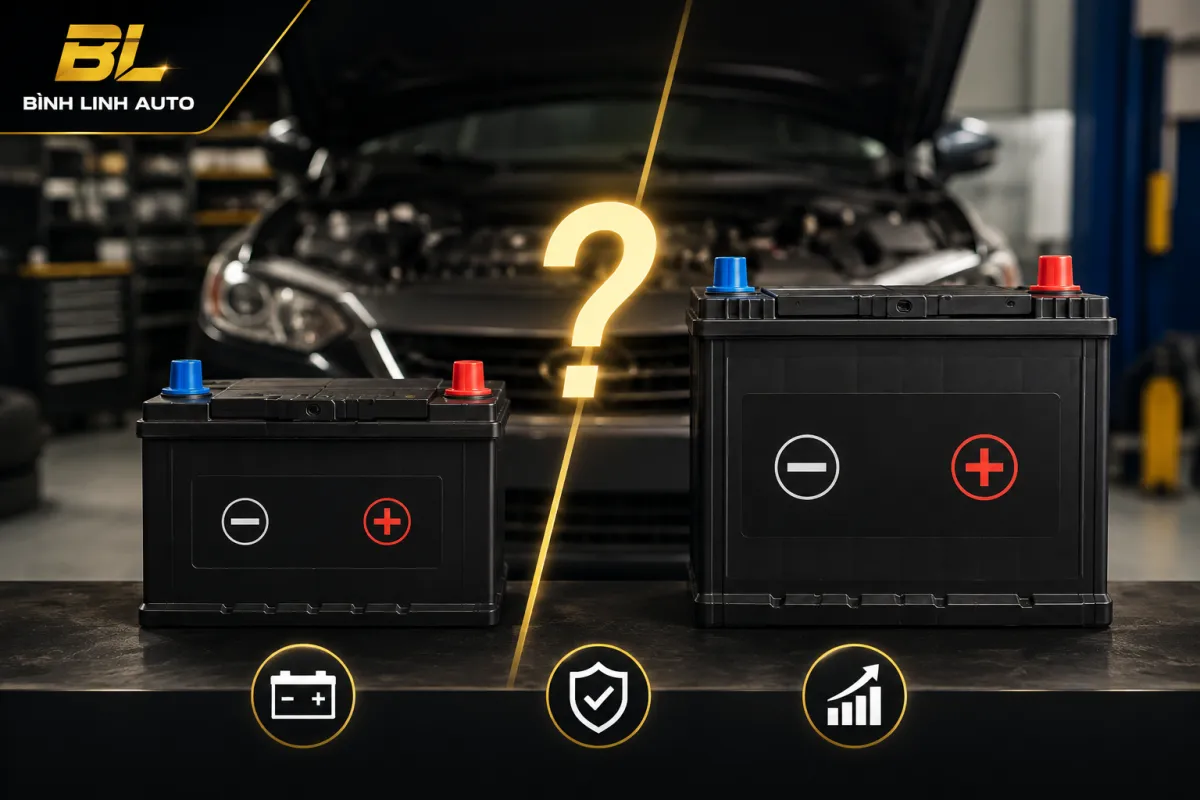 Kỹ thuật viên Bình Linh Auto kiểm tra và tư vấn lựa chọn ắc quy ô tô đúng dung lượng trước khi thay, giúp xe vận hành ổn định và an toàn.