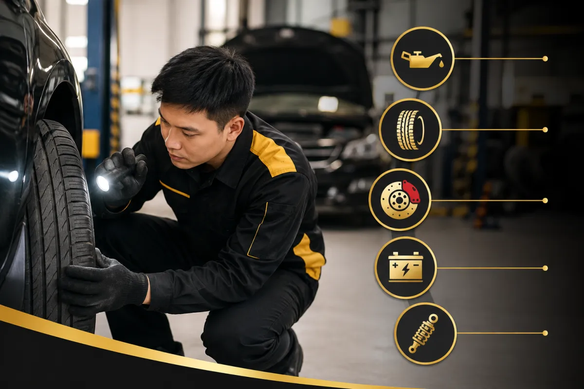 Kỹ thuật viên Bình Linh Auto kiểm tra lốp, phanh và khoang động cơ trong quá trình bảo dưỡng xe gia đình theo định kỳ.