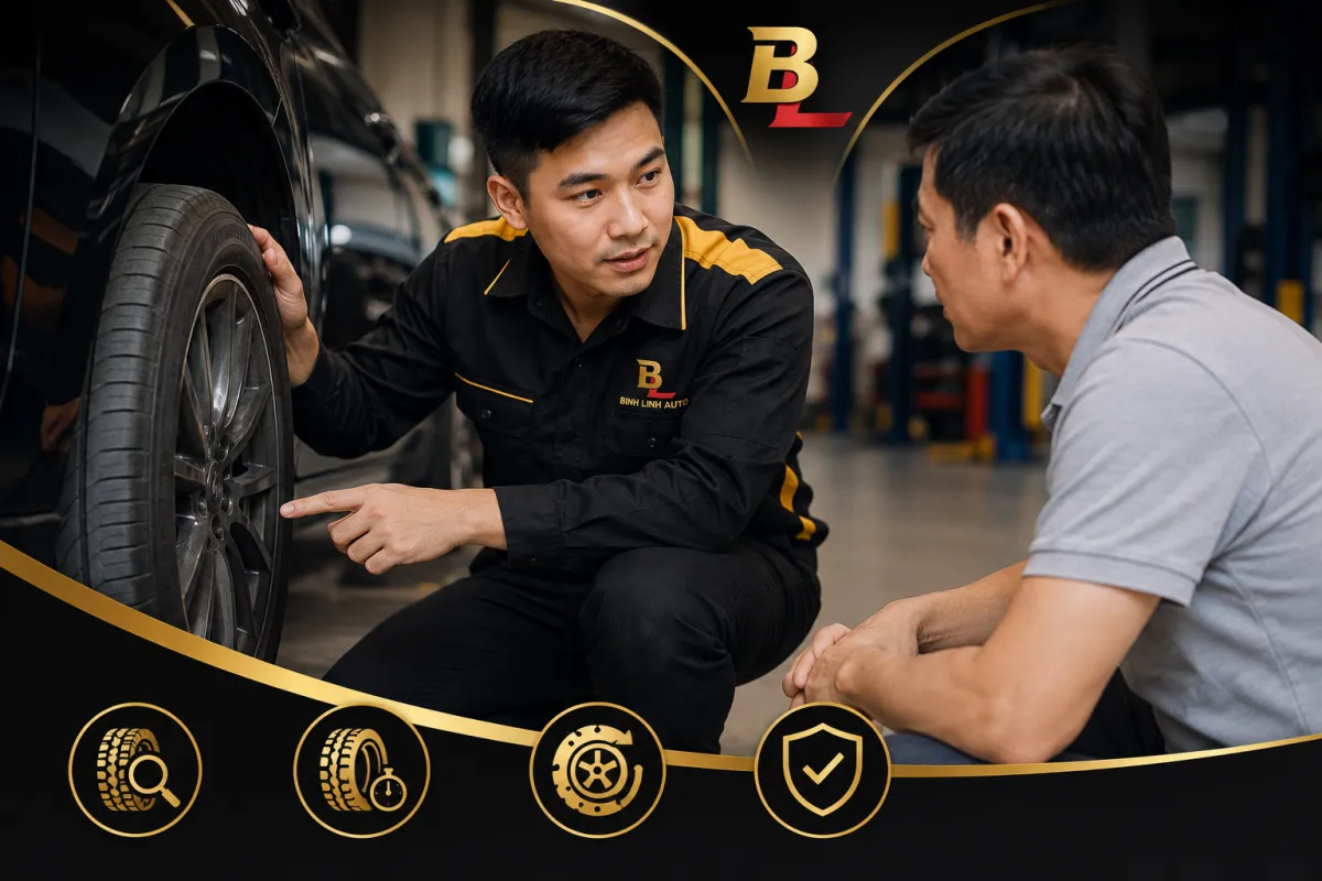 Kỹ thuật viên Bình Linh Auto kiểm tra độ mòn và tình trạng lốp ô tô trước khi tư vấn khách hàng, chỉ khuyến nghị thay khi thực sự cần thiết.