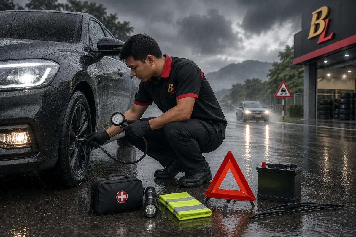 Kỹ thuật viên Bình Linh Auto kiểm tra lốp và hệ thống phanh trước mùa mưa bão miền Trung.